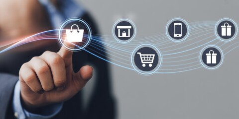 Business persons finger touching shopping bag icon with digital commerce icons in a futuristic clean lighting for online shopping promotion.