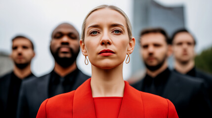Confident businesswoman in red suit standing in front of diverse team