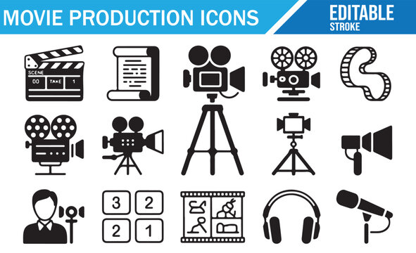 Film Crew & Video Production Line Icons - Director Gear & Equipment