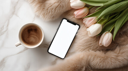 Smartphone with blank screen, coffee cup and tulips on marble table