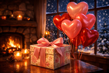 Cozy living room with a fireplace, heart balloons and a gift box, creating a warm and romantic Valentine&rsquo;s Day atmosphere for love and intimate celebration at home.