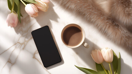 Smartphone with blank screen, coffee cup and tulips on marble table