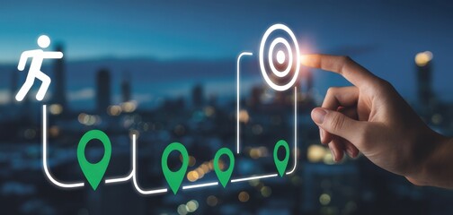 Journey to the goal , business planning concept. Touching a glowing target icon on a connected path with milestones and a running figure. Planning, progress and chievement toward business goals.