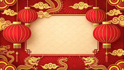 chinese new year frame with red lanterns and golden dragons on an ornate background