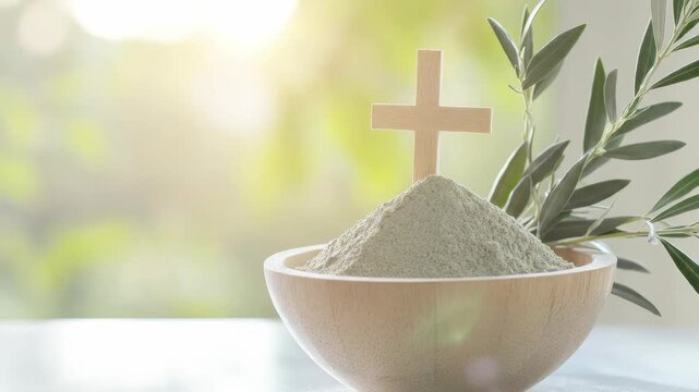 Ash Wednesday concept showing a small wooden cross atop a heap of ashes in a rustic bowl, alongside a green olive branch, signifying Lenten spiritual devotion and faith
