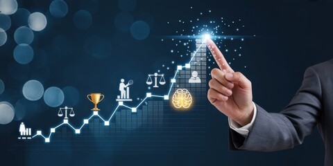 Wellness and longevity technology concept. Digital interface illustrates the path to wellness and longevity, personalized health, with icons; nutrition, exercise, sleep, mental balance and happiness