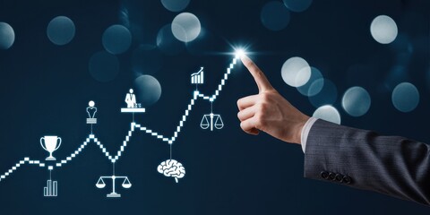 Wellness and longevity technology concept. Digital interface illustrates the path to wellness and longevity, personalized health, with icons; nutrition, exercise, sleep, mental balance and happiness