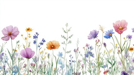 Wild flowers, bright colorful watercolor illustration on white background