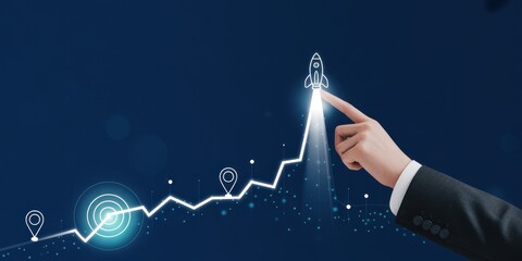 Business growth and innovation strategy concept. Pointing a digital graph with icons representing progress, milestones, technology roadmap and a rocket symbolizing business launch and growth.