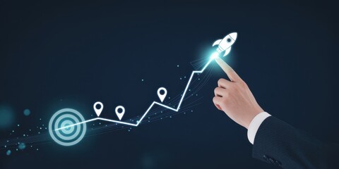 Business growth and innovation strategy concept. Pointing a digital graph with icons representing progress, milestones, technology roadmap and a rocket symbolizing business launch and growth.