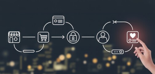 Customer experience journey map concept. Seamless customer experience. A visual representation of the customer journey from product discovery to purchase and engagement, featuring digital icons. 