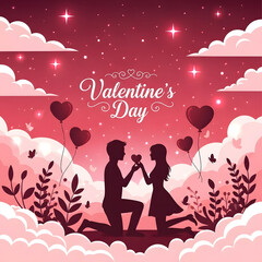 Valentine&rsquo;s Day Social media post vector showcasing three-tiered cake with chocolate drip and heart toppers