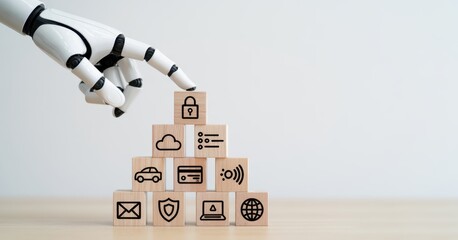 Data protection and digital security concept. Robotic hand placing wooden block with padlock icon on cybersecurity icons. Data protection, privacy, cybersecurity, encryption, safeguarding information 