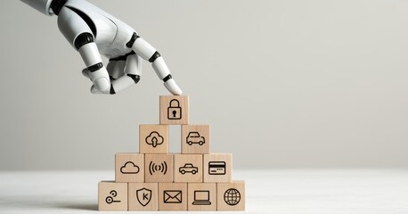 Data protection and digital security concept. Robotic hand placing wooden block with padlock icon on cybersecurity icons. Data protection, privacy, cybersecurity, encryption, safeguarding information 