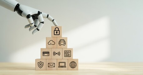 Data protection and digital security concept. Robotic hand placing wooden block with padlock icon on cybersecurity icons. Data protection, privacy, cybersecurity, encryption, safeguarding information 