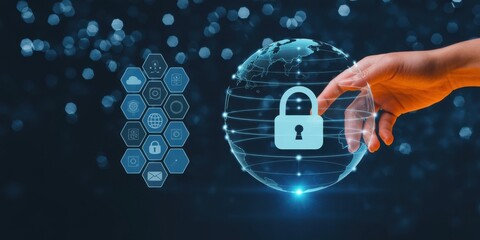Cybersecurity and Data Protection. Interacting with a glowing digital globe surrounded by lock icons and digital data. Cybersecurity, data protection, encryption and safeguarding information. 