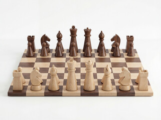 A wooden chessboard with all light and dark wood pieces in their starting positions, ready for a game. Strategy and competition concept.