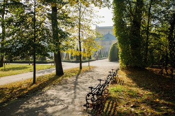 Sunny golden autumn in Wilanow park in Warsaw, Poland. Royal polish residence park in autumn, museum under an open sky without people