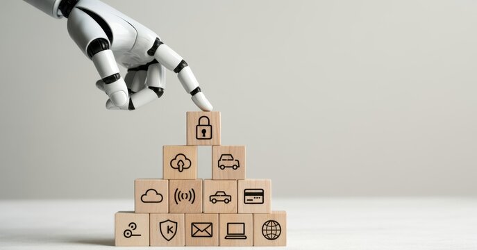 Data protection and digital security concept. Robotic hand placing wooden block with padlock icon on cybersecurity icons. Data protection, privacy, cybersecurity, encryption, safeguarding information - Powered by Adobe