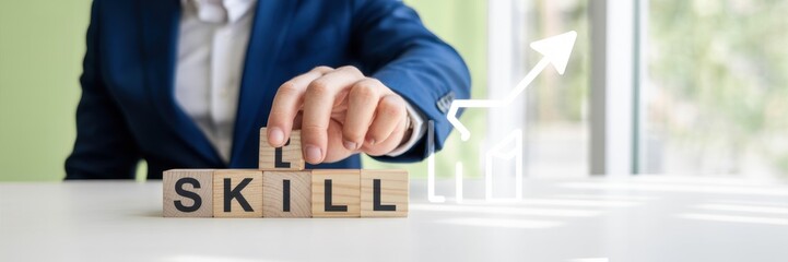 Upskilling and skill advancement. Wooden blocks spelling SKILL with a rising arrow overlay. Upskilling, personal growth, talent management and continuous development in future workforce skills.