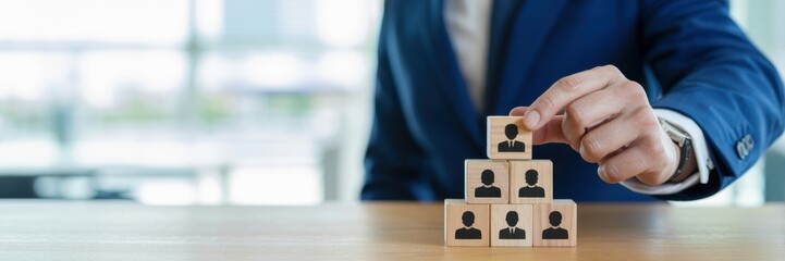 Upskilling and personal development growth. Placing a block with an upward progress icon atop a pyramid of people blocks. Personal development, upskilling for future skill, teamwork and leadership. 