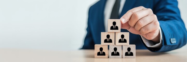 Upskilling and personal development growth. Placing a block with an upward progress icon atop a pyramid of people blocks. Personal development, upskilling for future skill, teamwork and leadership. 