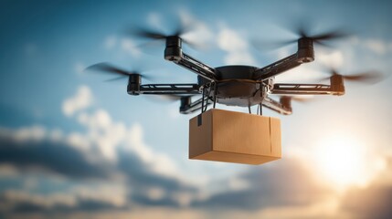 Delivery drone flying through blue sky carrying cardboard package for aerial transport