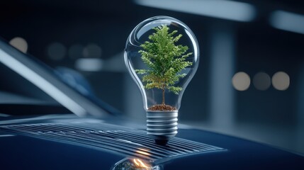 The bulb is located on the inside with leaves forest and the trees are in the light. Concepts of environmental conservation and global warming plant growing inside lamp bulb over dry