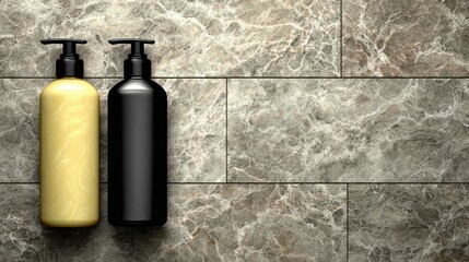 Hair care products on a wooden table on a neutral background.