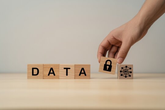 Data protection and digital security concept. Wooden blocks with text DATA and padlock icon. Data protection, privacy, cybersecurity, secure networks, encryption and safeguarding information.  - Powered by Adobe