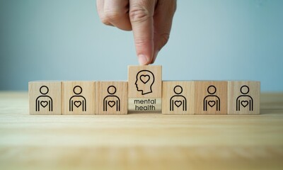 Mental Health in the Workplace. A mental health block among employee icons, highlighting the importance of psychological wellbeing, care and support as a core part of workplace culture