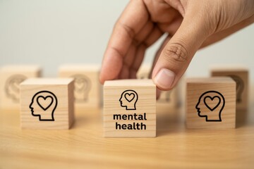 Mental Health in the Workplace. A mental health block among employee icons, highlighting the importance of psychological wellbeing, care and support as a core part of workplace culture
