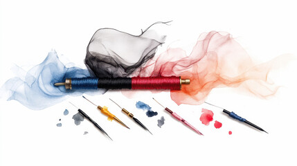 Colorful thread spools and sewing needles with vibrant fabric clouds. National Embroidery Month