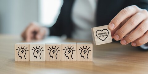 Stress management and emotional support, Mental health management concept. Mental health block above stress icons. Leadership, prevention, prioritizing employee well-being and healthy workplace.