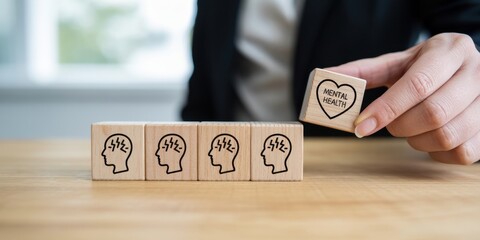 Stress management and emotional support, Mental health management concept. Mental health block above stress icons. Leadership, prevention, prioritizing employee well-being and healthy workplace.