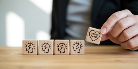 Stress management and emotional support, Mental health management concept. Mental health block above stress icons. Leadership, prevention, prioritizing employee well-being and healthy workplace.