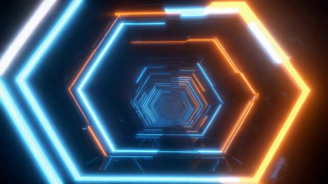 Futuristic neon hexagon tunnel with blue and orange lights