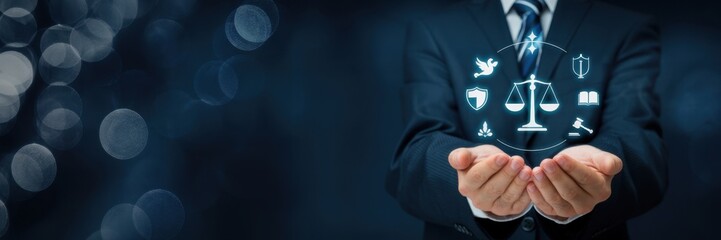 Marketing Ethics and Trust. Touching glowing icons of transparency communication, data protection, eco-friendly and ethics. Responsible marketing, balance between profit and social responsibility. 