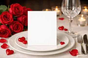 Blank greeting card on a romantic dinner table with red roses, candles, and wine glass, elegant Valentine&rsquo;s Day concept with copy space for messages.