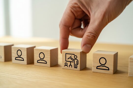 Training and Workforce Development. Wooden blocks with training and human icons, symbolizing structured learning, skill development and leadership driven training programs. Learning management system