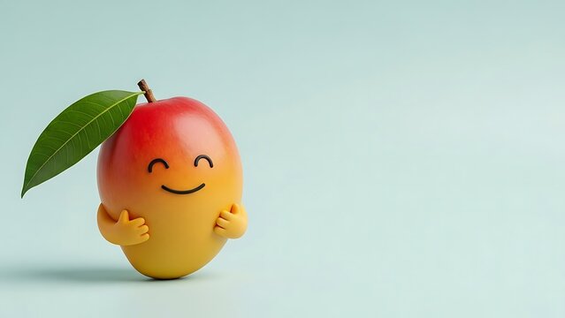 Smiling cartoon mango with green leaf.