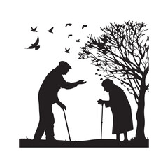 Elderly couple with walking sticks under a tree with birds flying old people senior citizens
