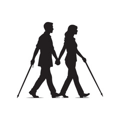 Silhouette couple holding hands walking with walking sticks on white background cane