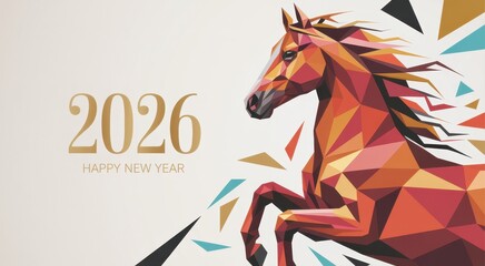 Chinese New Year 2026 — a luxurious, minimalist design featuring a silhouette of a red fire horse with gold accents on a light background. Elegant illustration, poster