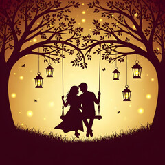 Valentine&rsquo;s Day Social media post vector with warm sunset colors, heart foliage, and couple on swing