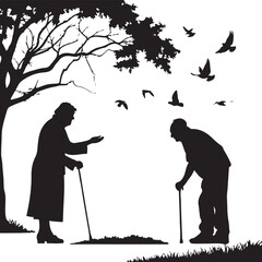 Silhouette of elderly couple near a grave with birds flying on white background old people