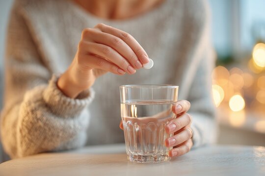 woman holding a glass of water while dropping a round effervescent tablet into it