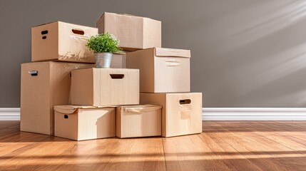 Pile of boxes being opened after moving. Short depth of field in natural light.