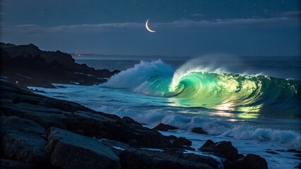 Moonlit waves crashing on rocky shore