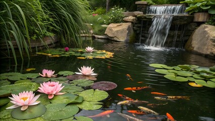 Serene garden pond with water lilies and koi fish